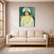 Unframed poster print of Henri Matisse's Woman in Turban displayed in a living room, view 1