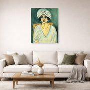 Unframed poster print of Henri Matisse's Woman in Turban displayed in a living room, view 2