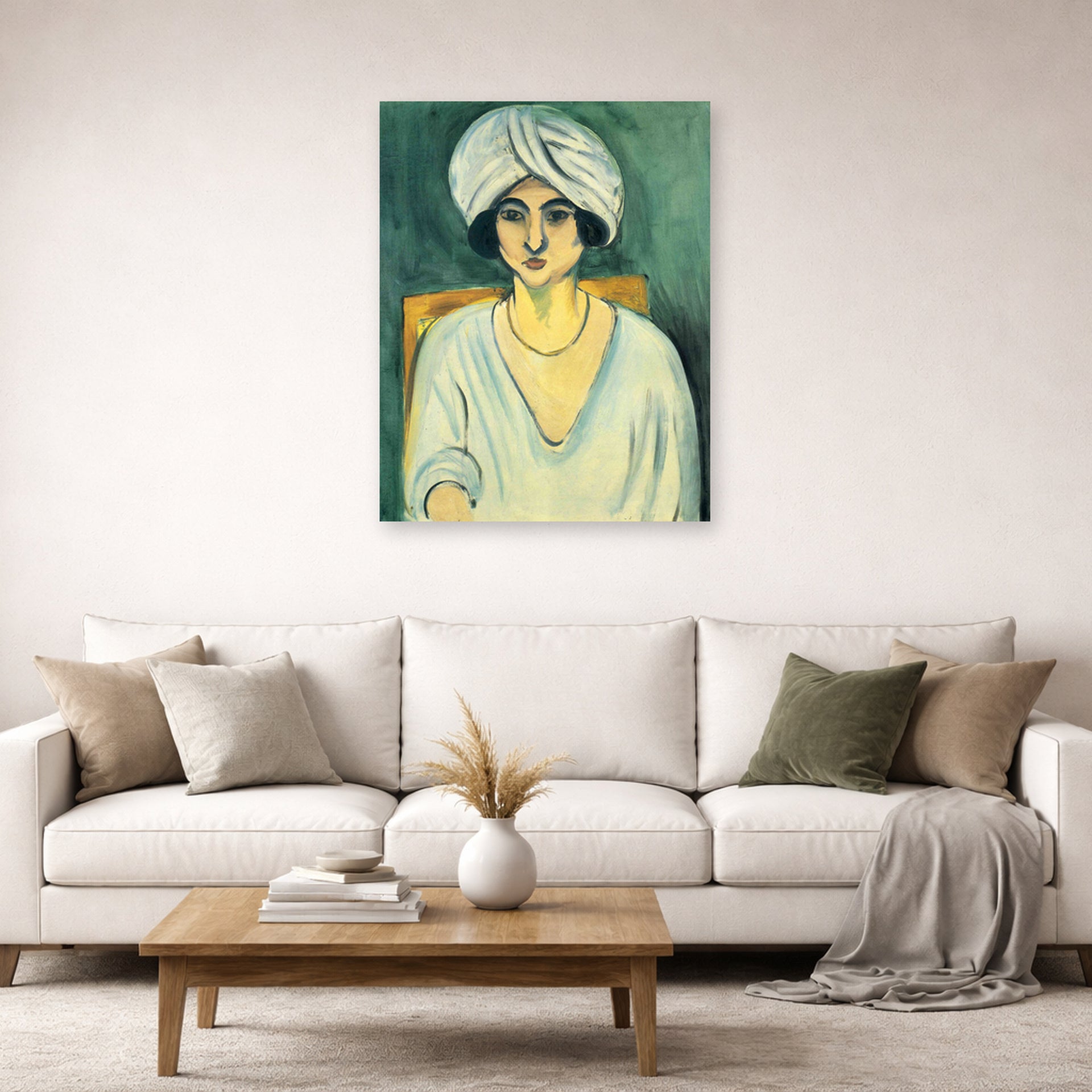 Unframed poster print of Henri Matisse's Woman in Turban displayed in a living room, view 2