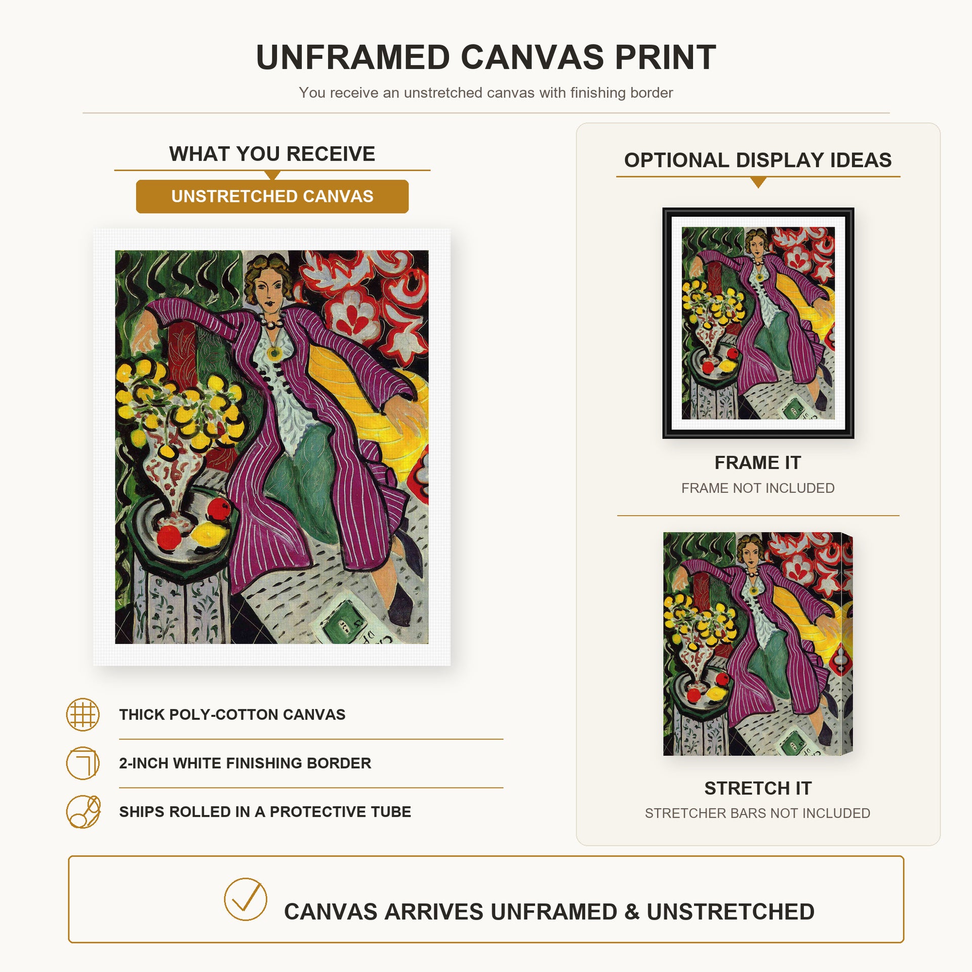 Henri Matisse - Woman in a Purple Coa canvas print size comparison and framing display infographic