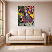 Gallery-wrapped canvas print of Henri Matisse's Woman in a Purple Coa hanging in a living room, view 1