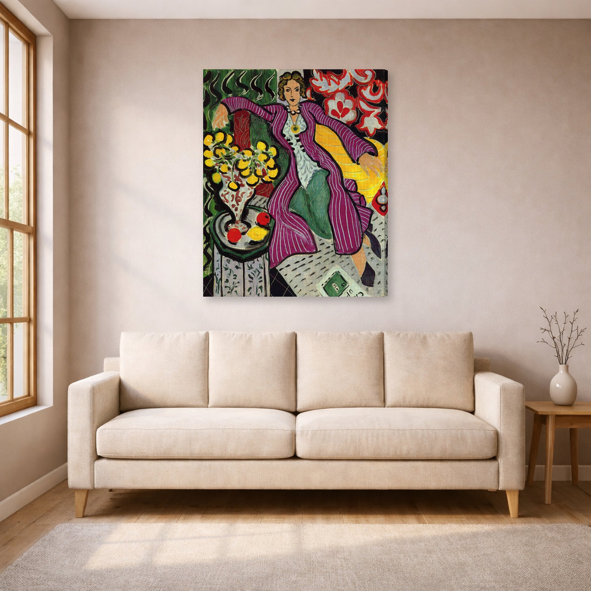 Gallery-wrapped canvas print of Henri Matisse's Woman in a Purple Coa hanging in a living room, view 1