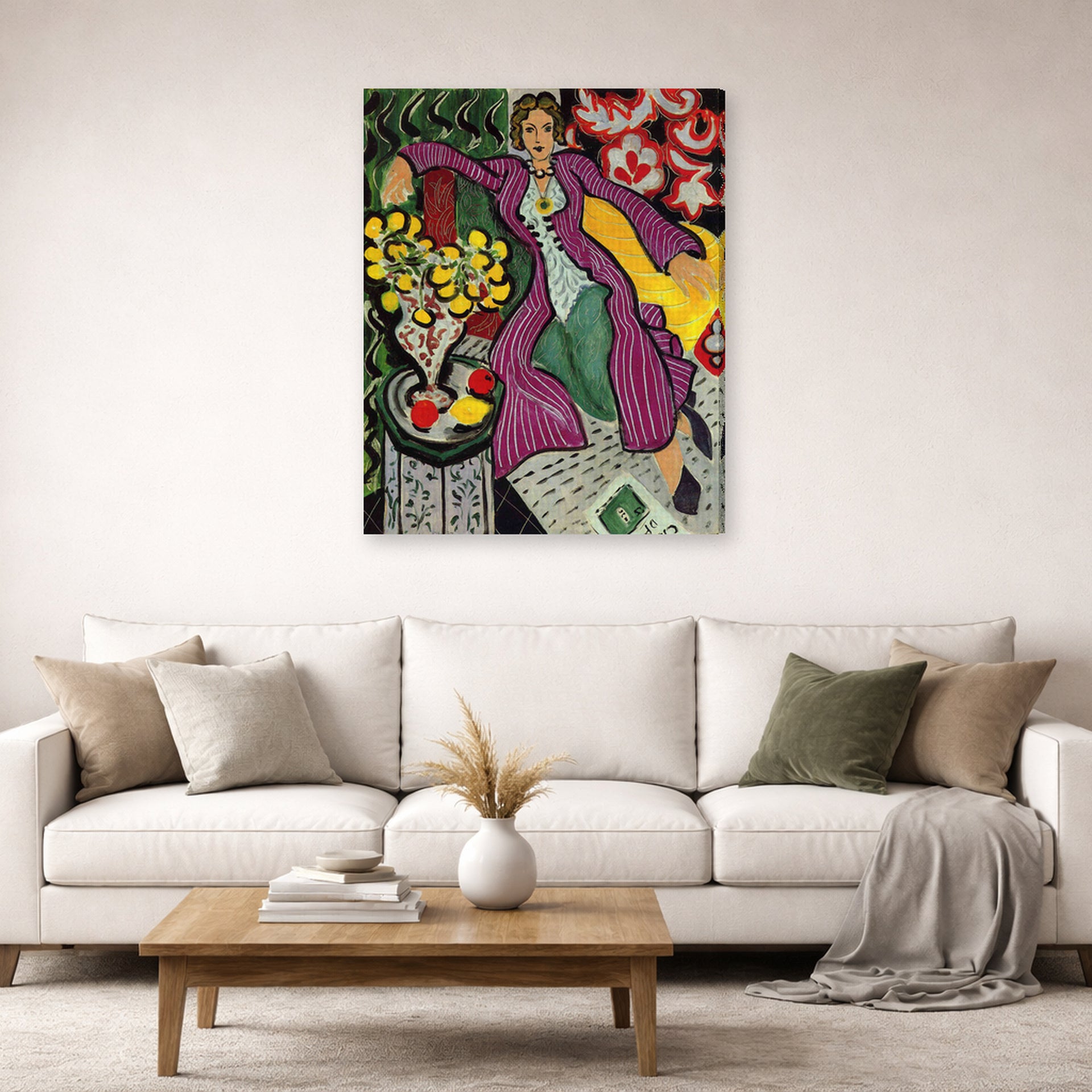 Gallery-wrapped canvas print of Henri Matisse's Woman in a Purple Coa hanging in a living room, view 2