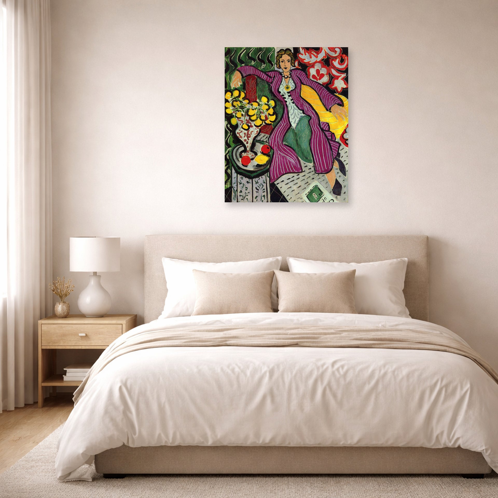 Unframed poster print of Henri Matisse's Woman in a Purple Coa displayed above a bed in a bedroom