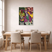 Unframed poster print of Henri Matisse's Woman in a Purple Coa displayed on a dining room wall