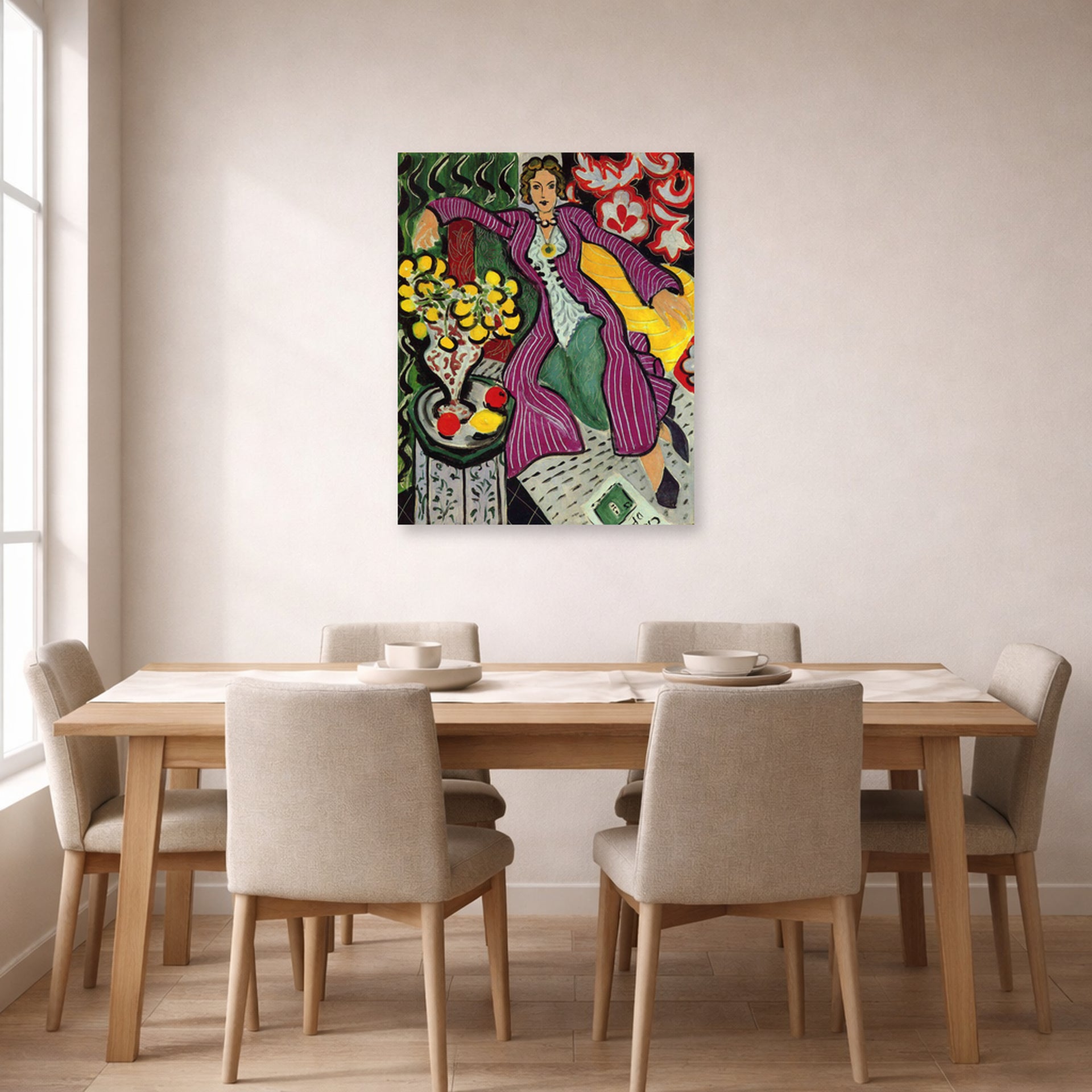 Unframed poster print of Henri Matisse's Woman in a Purple Coa displayed on a dining room wall