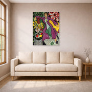 Unframed poster print of Henri Matisse's Woman in a Purple Coa displayed in a living room, view 1