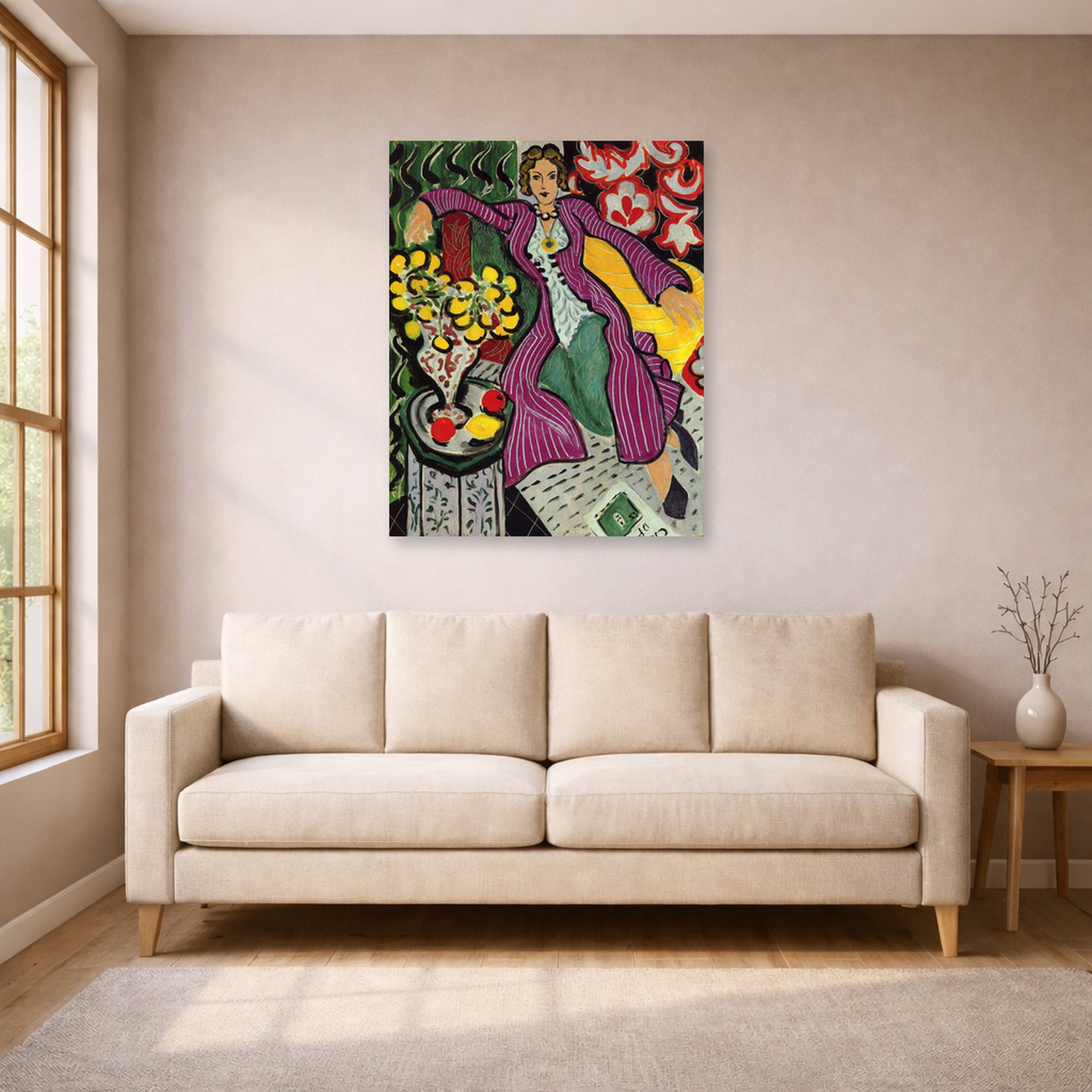 Unframed poster print of Henri Matisse's Woman in a Purple Coa displayed in a living room, view 1