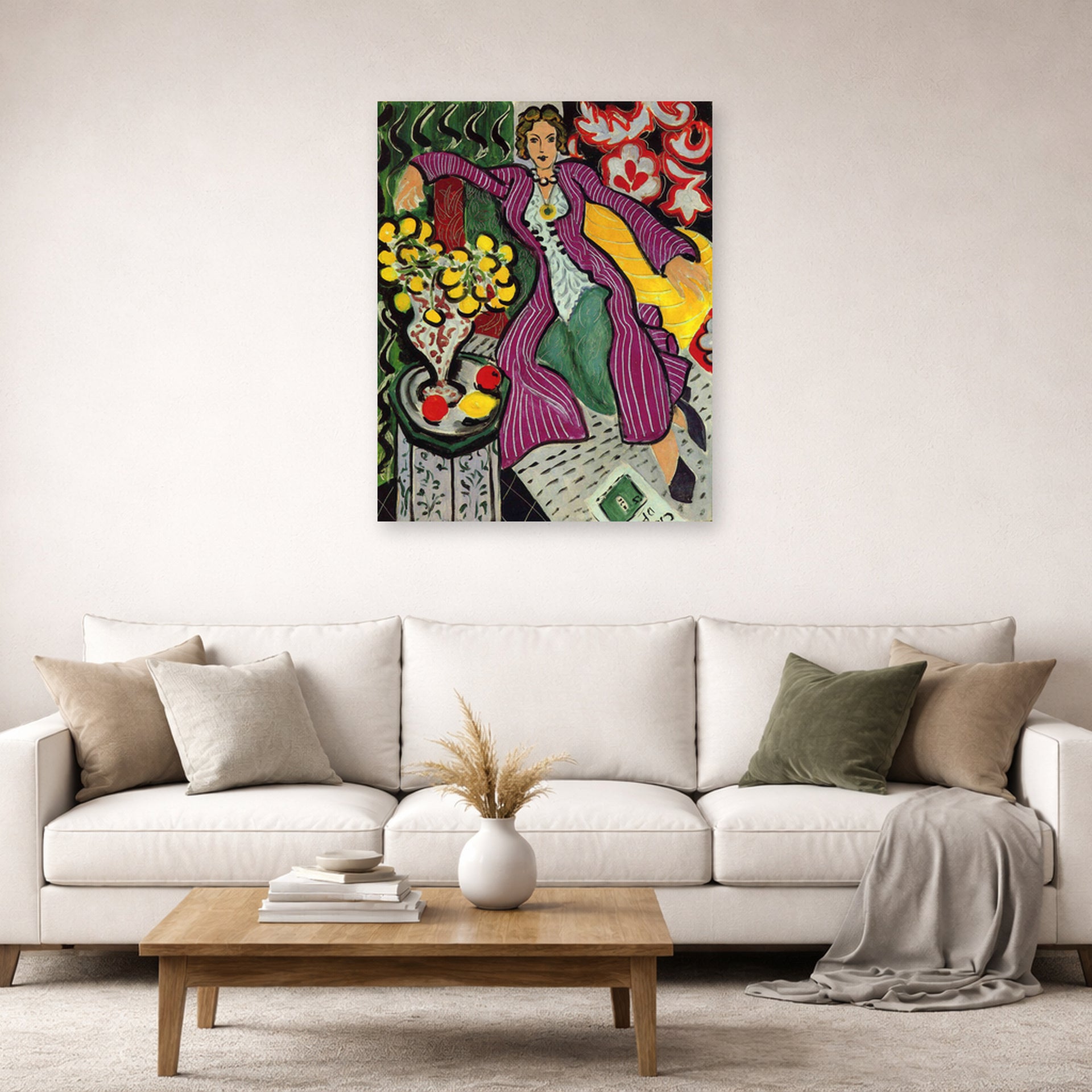 Unframed poster print of Henri Matisse's Woman in a Purple Coa displayed in a living room, view 2