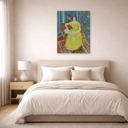 Gallery-wrapped canvas print of Henri Matisse's Woman in a Yellow Dress hanging above a bed in a bedroom