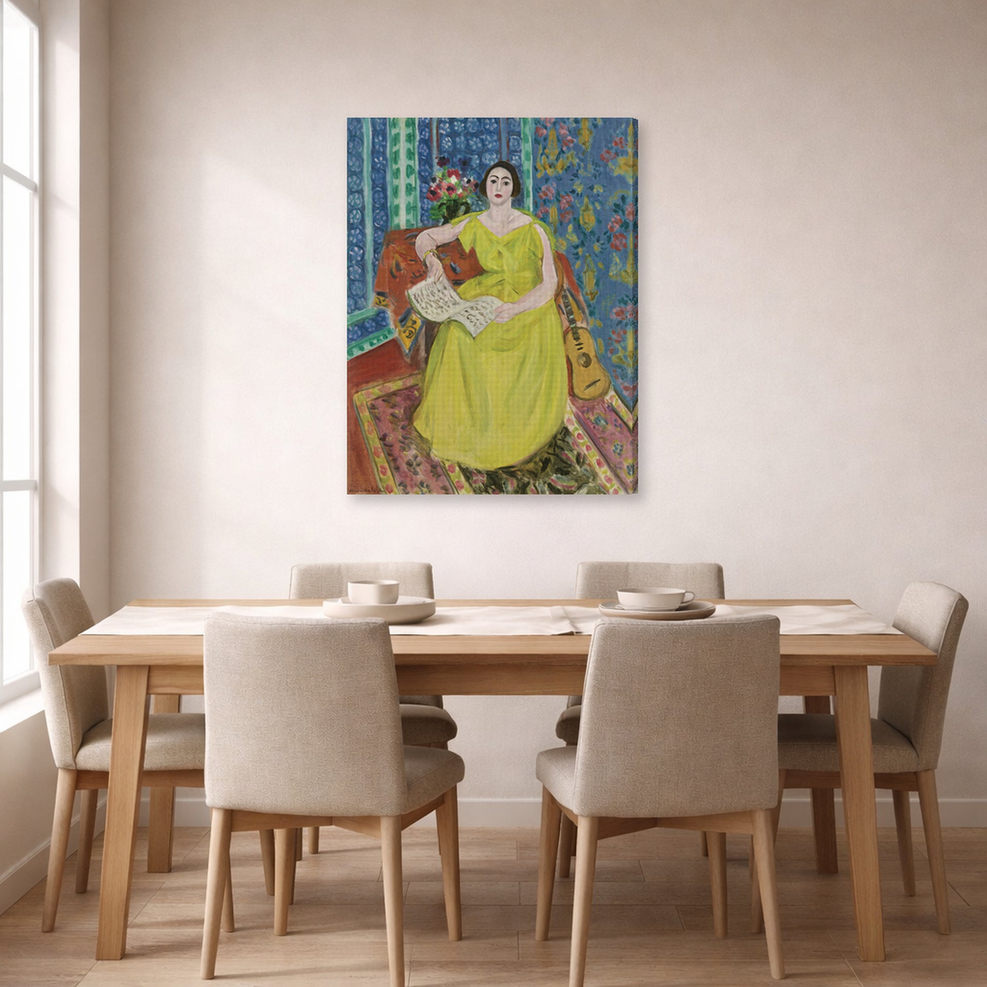 Gallery-wrapped canvas print of Henri Matisse's Woman in a Yellow Dress hanging on a dining room wall