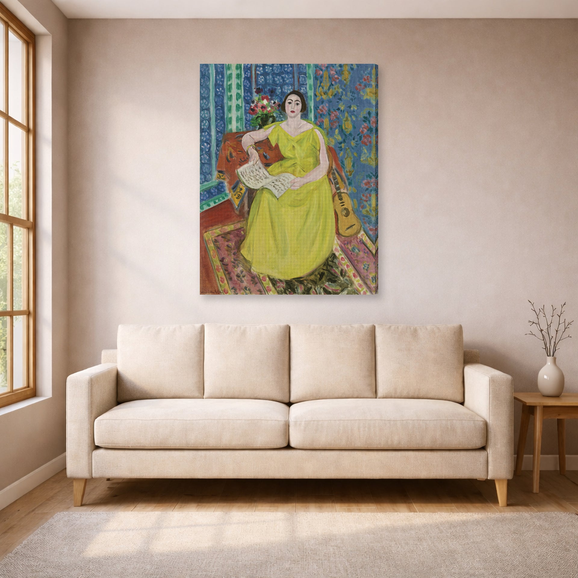 Gallery-wrapped canvas print of Henri Matisse's Woman in a Yellow Dress hanging in a living room, view 1