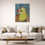Gallery-wrapped canvas print of Henri Matisse's Woman in a Yellow Dress hanging in a living room, view 2