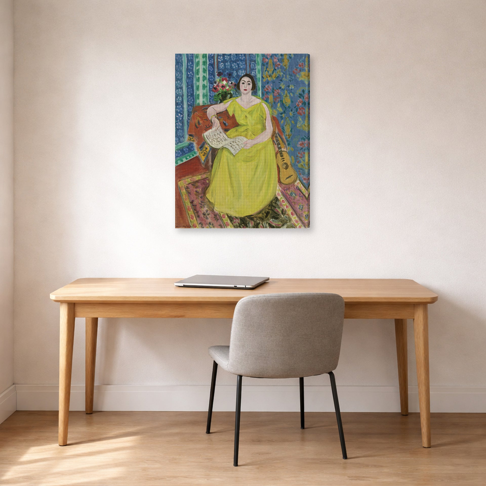 Gallery-wrapped canvas print of Henri Matisse's Woman in a Yellow Dress hanging in a home office