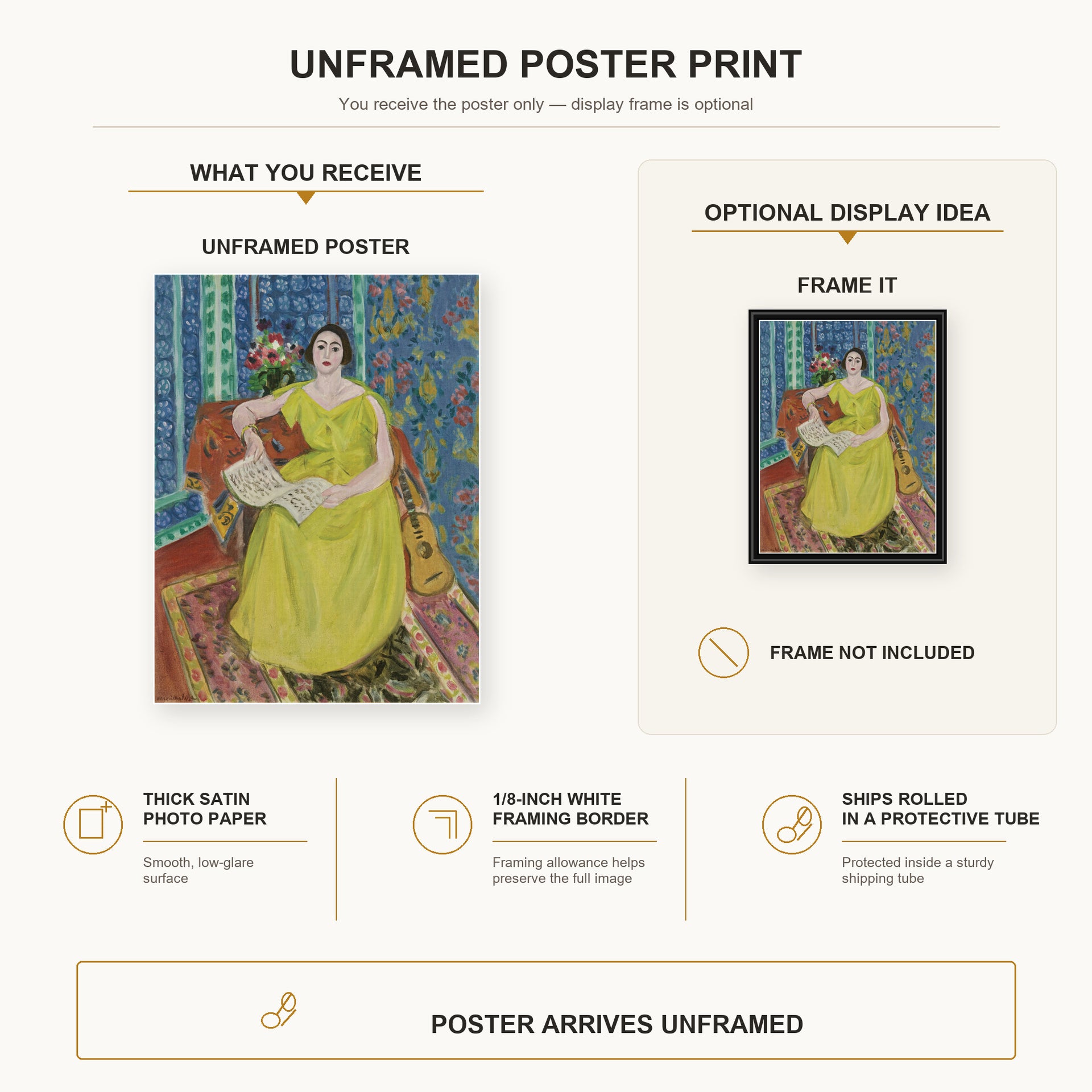 Henri Matisse - Woman in a Yellow Dress poster print size comparison display infographic