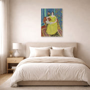 Unframed poster print of Henri Matisse's Woman in a Yellow Dress displayed above a bed in a bedroom