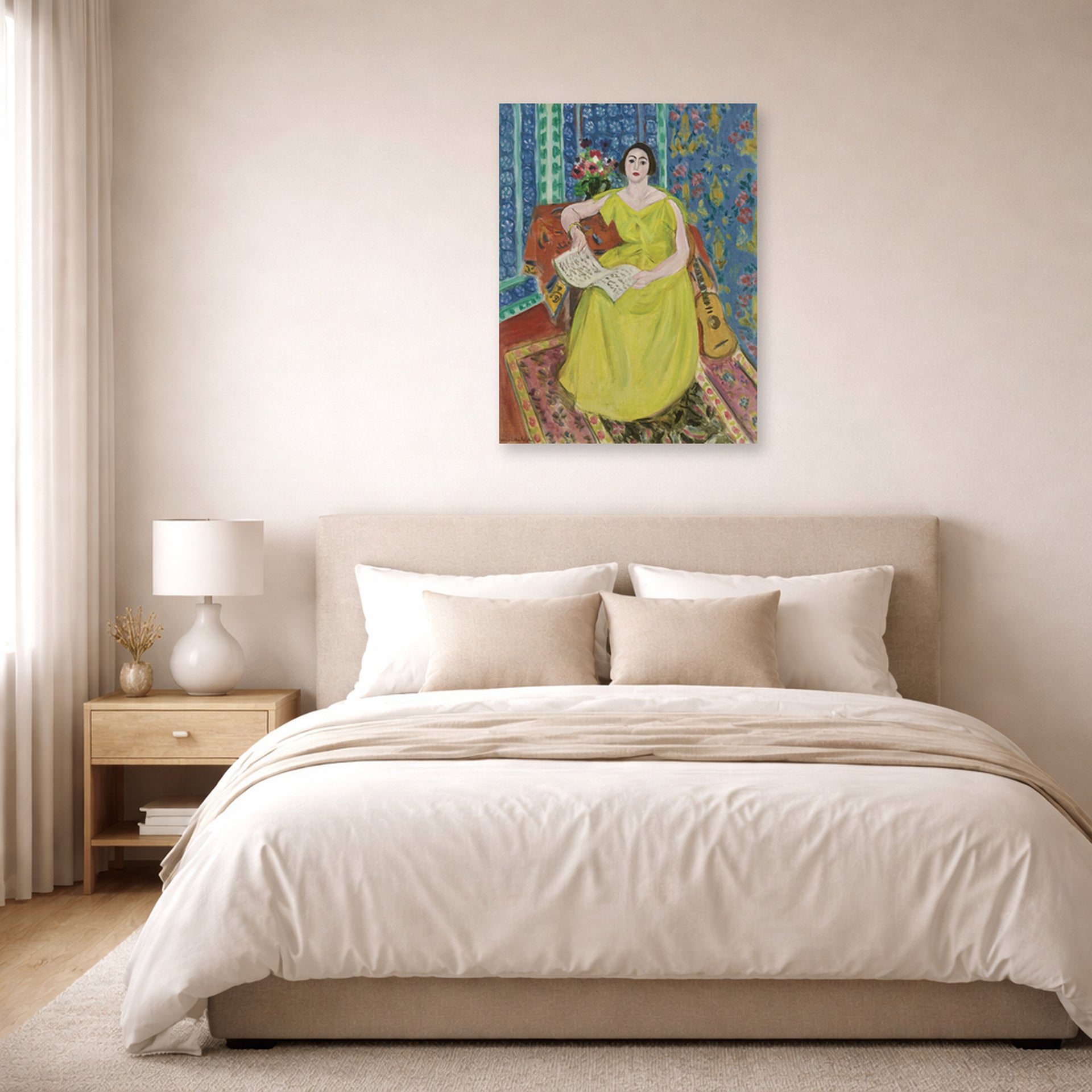 Unframed poster print of Henri Matisse's Woman in a Yellow Dress displayed above a bed in a bedroom