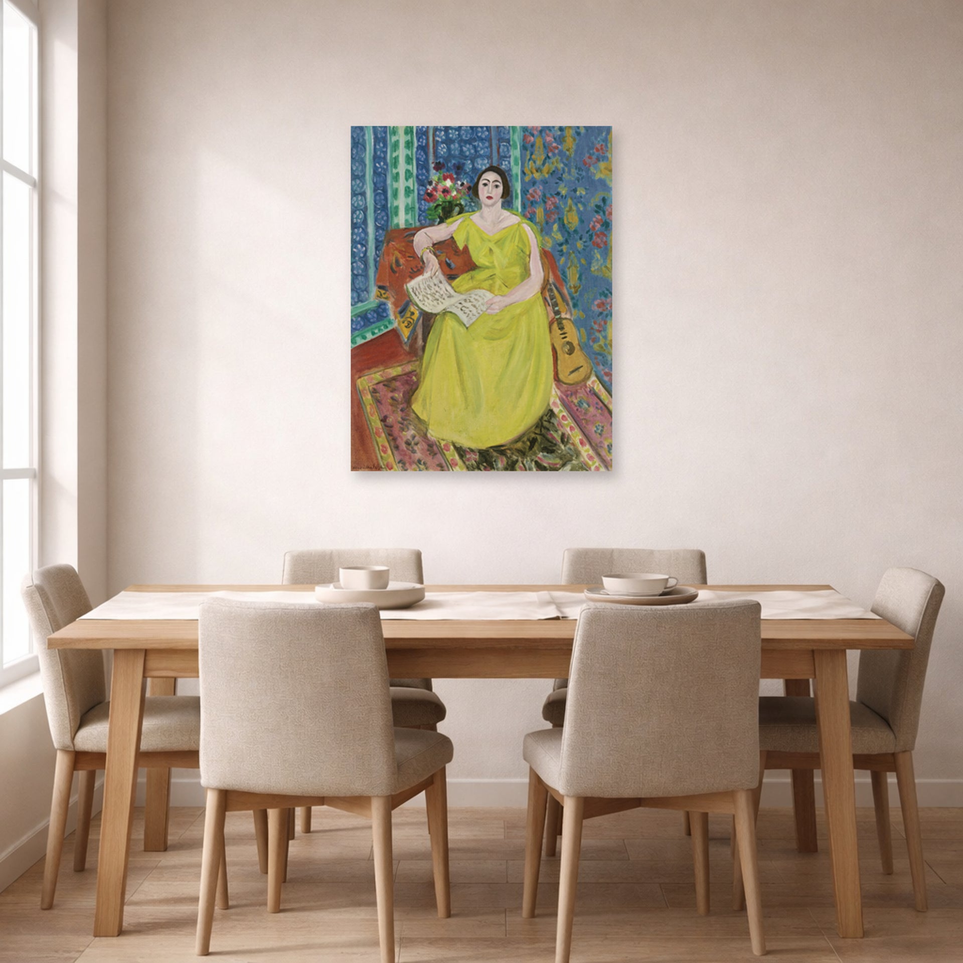 Unframed poster print of Henri Matisse's Woman in a Yellow Dress displayed on a dining room wall