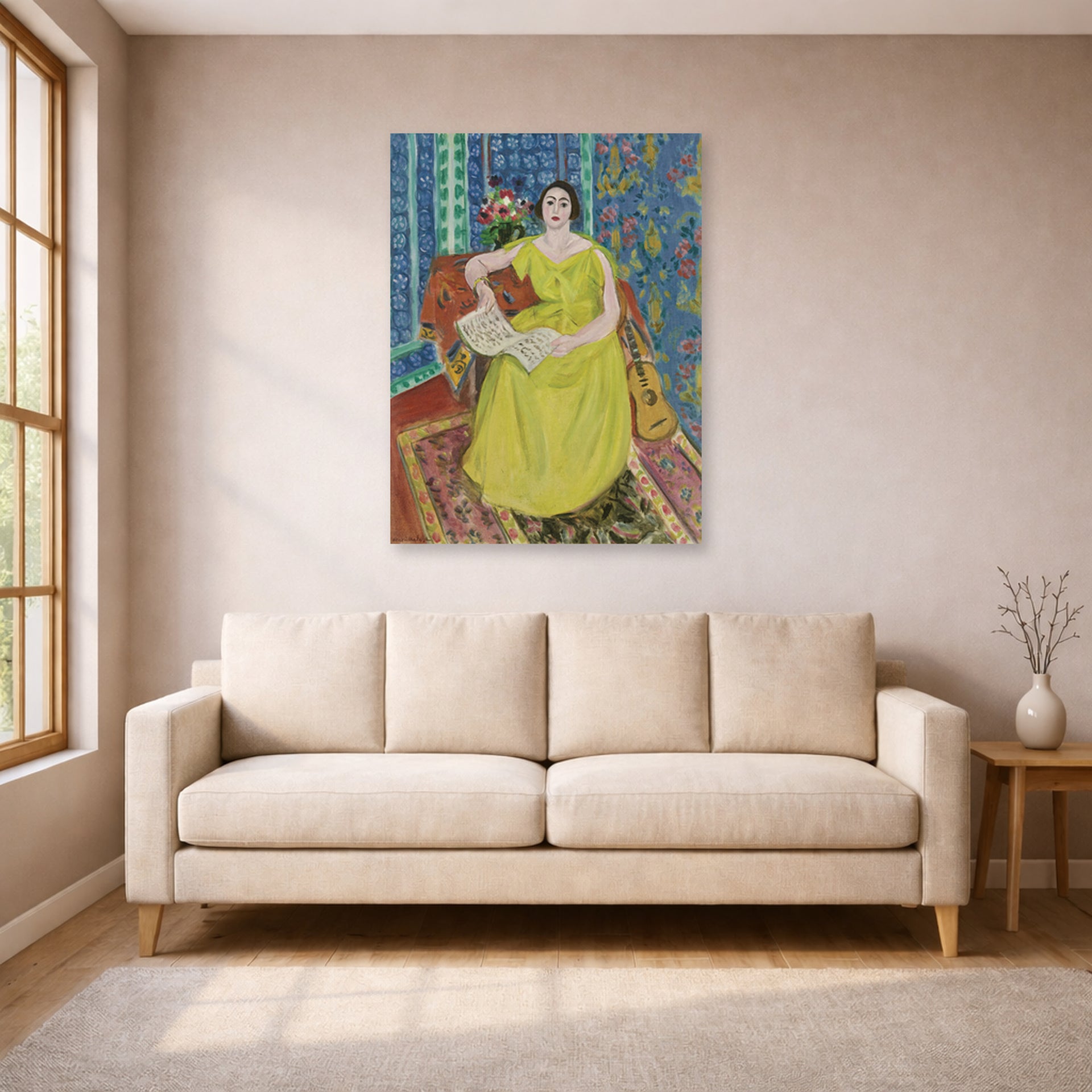 Unframed poster print of Henri Matisse's Woman in a Yellow Dress displayed in a living room, view 1