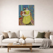 Unframed poster print of Henri Matisse's Woman in a Yellow Dress displayed in a living room, view 2