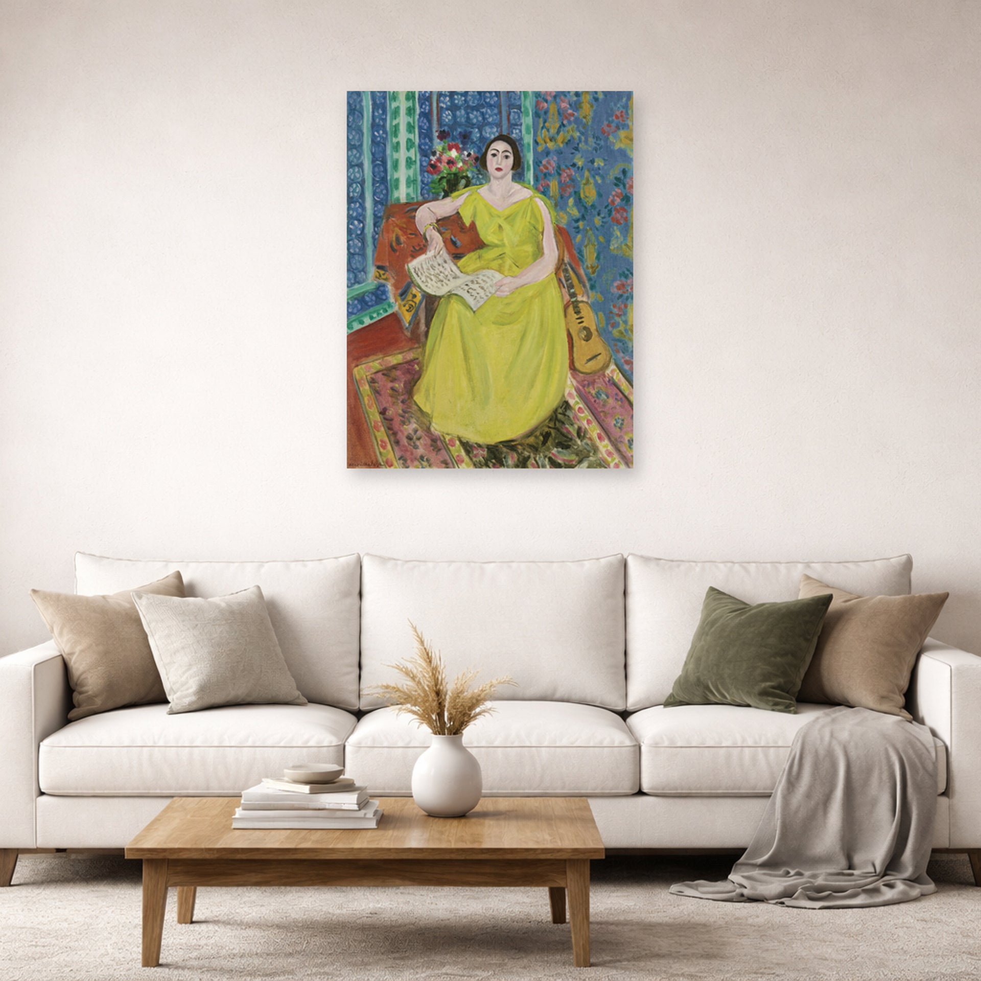 Unframed poster print of Henri Matisse's Woman in a Yellow Dress displayed in a living room, view 2