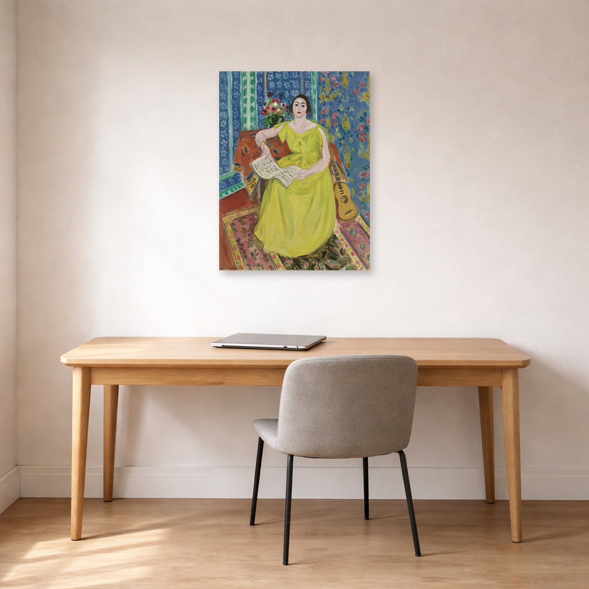Unframed poster print of Henri Matisse's Woman in a Yellow Dress displayed in a home office