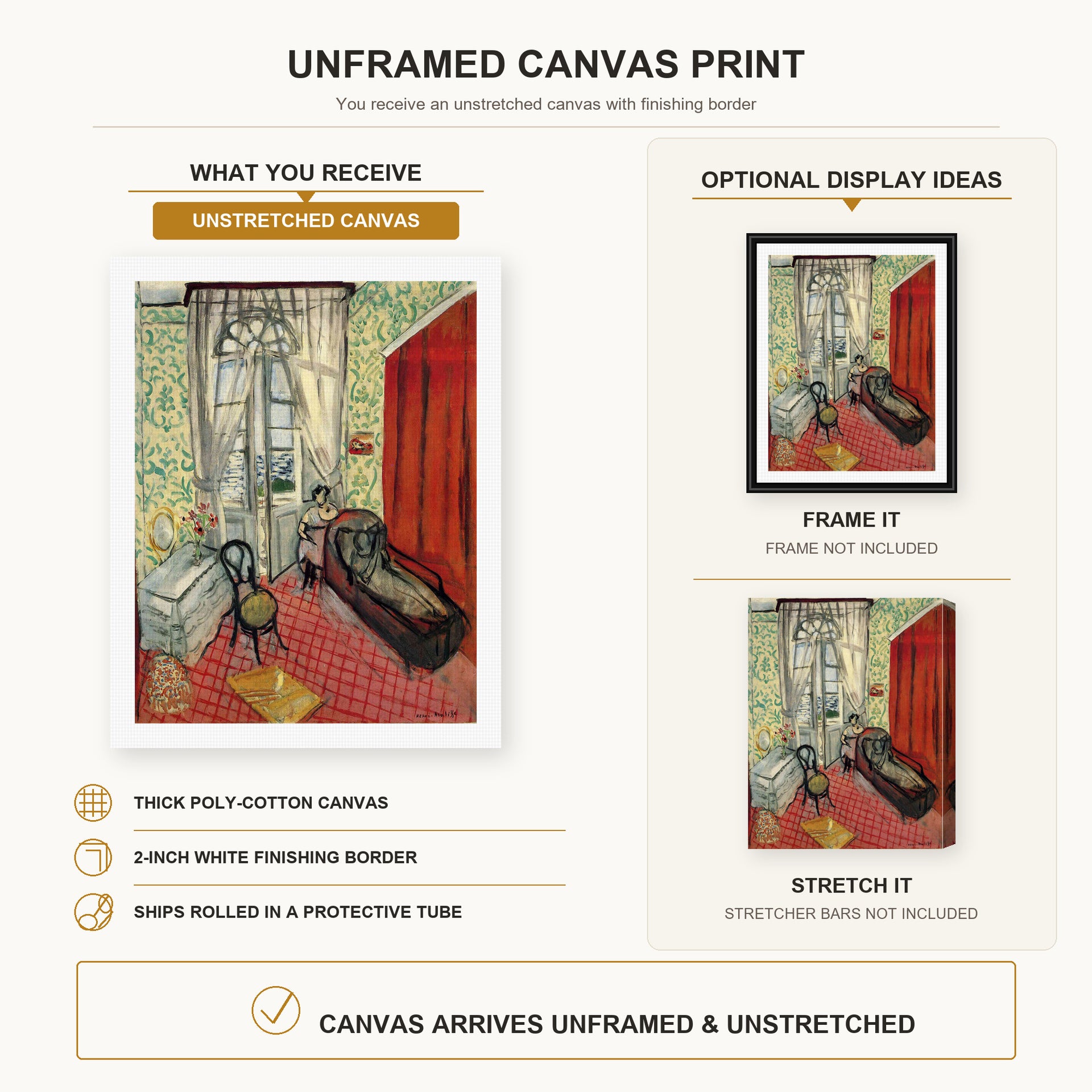 Henri Matisse - Woman on sofa or couch canvas print size comparison and framing display infographic