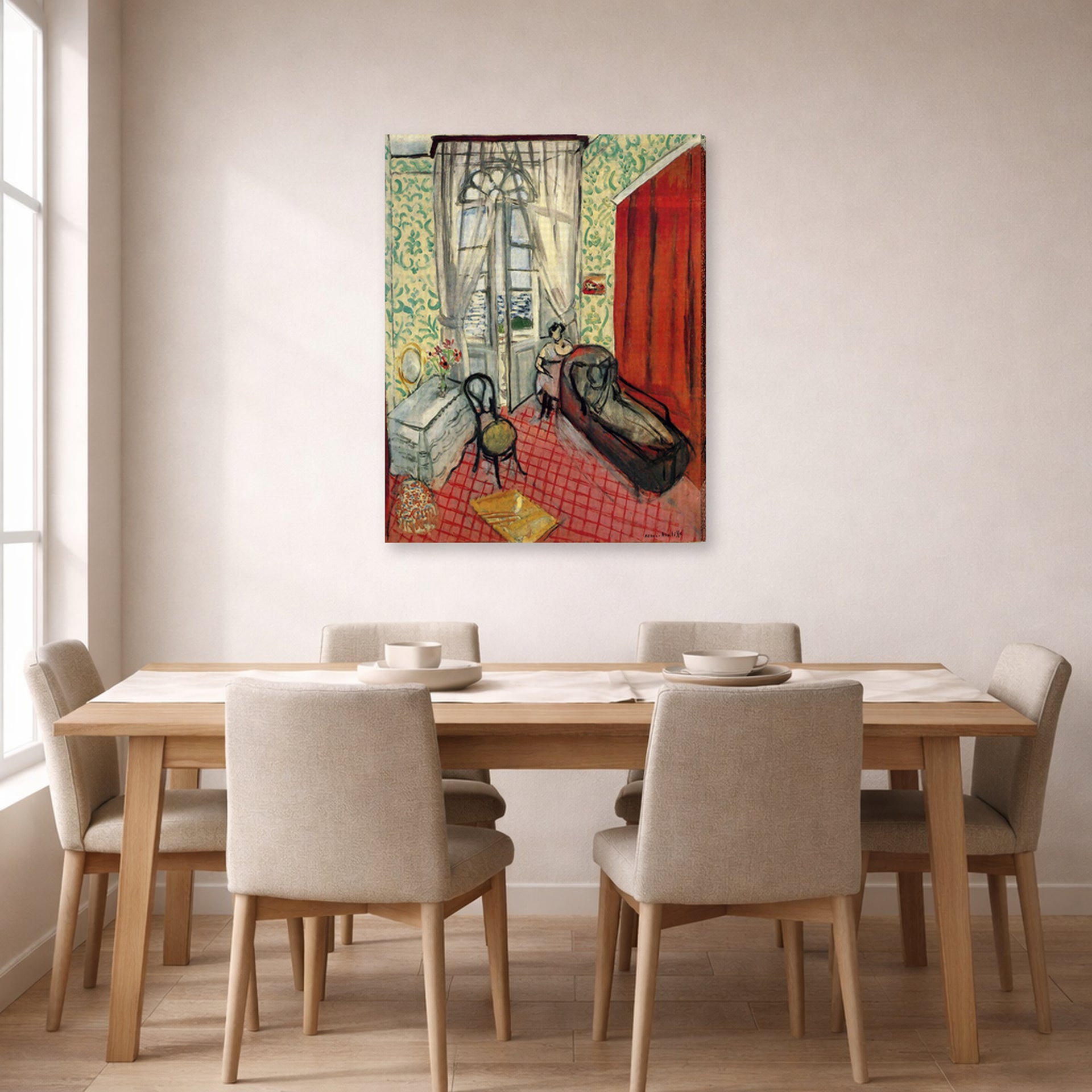 Gallery-wrapped canvas print of Henri Matisse's Woman on sofa or couch hanging on a dining room wall