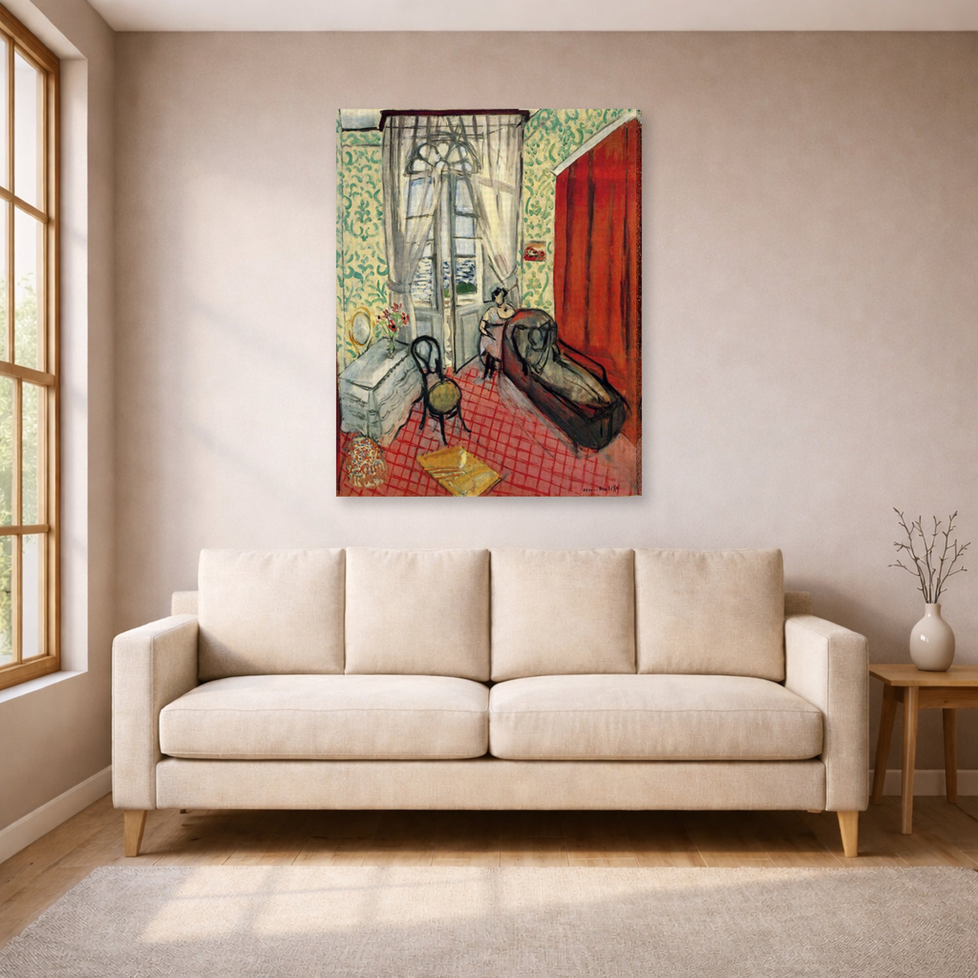 Gallery-wrapped canvas print of Henri Matisse's Woman on sofa or couch hanging in a living room, view 1