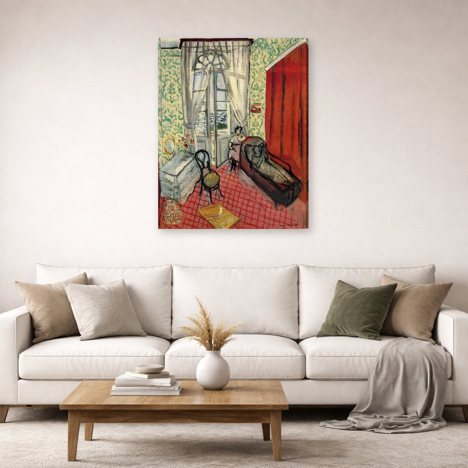 Gallery-wrapped canvas print of Henri Matisse's Woman on sofa or couch hanging in a living room, view 2