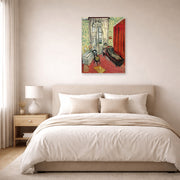 Unframed poster print of Henri Matisse's Woman on sofa or couch displayed above a bed in a bedroom