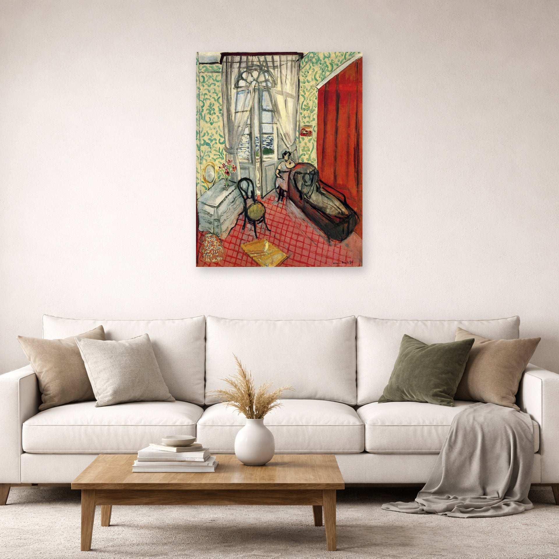 Unframed poster print of Henri Matisse's Woman on sofa or couch displayed in a living room, view 2