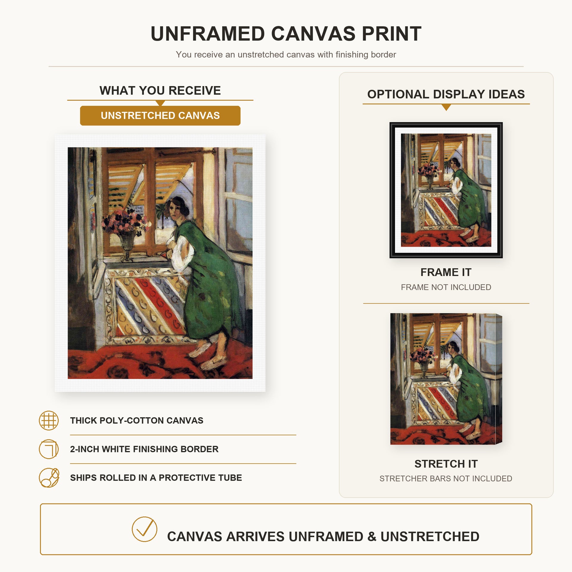 Henri Matisse - Young Girl in a Green Dress canvas print size comparison and framing display infographic