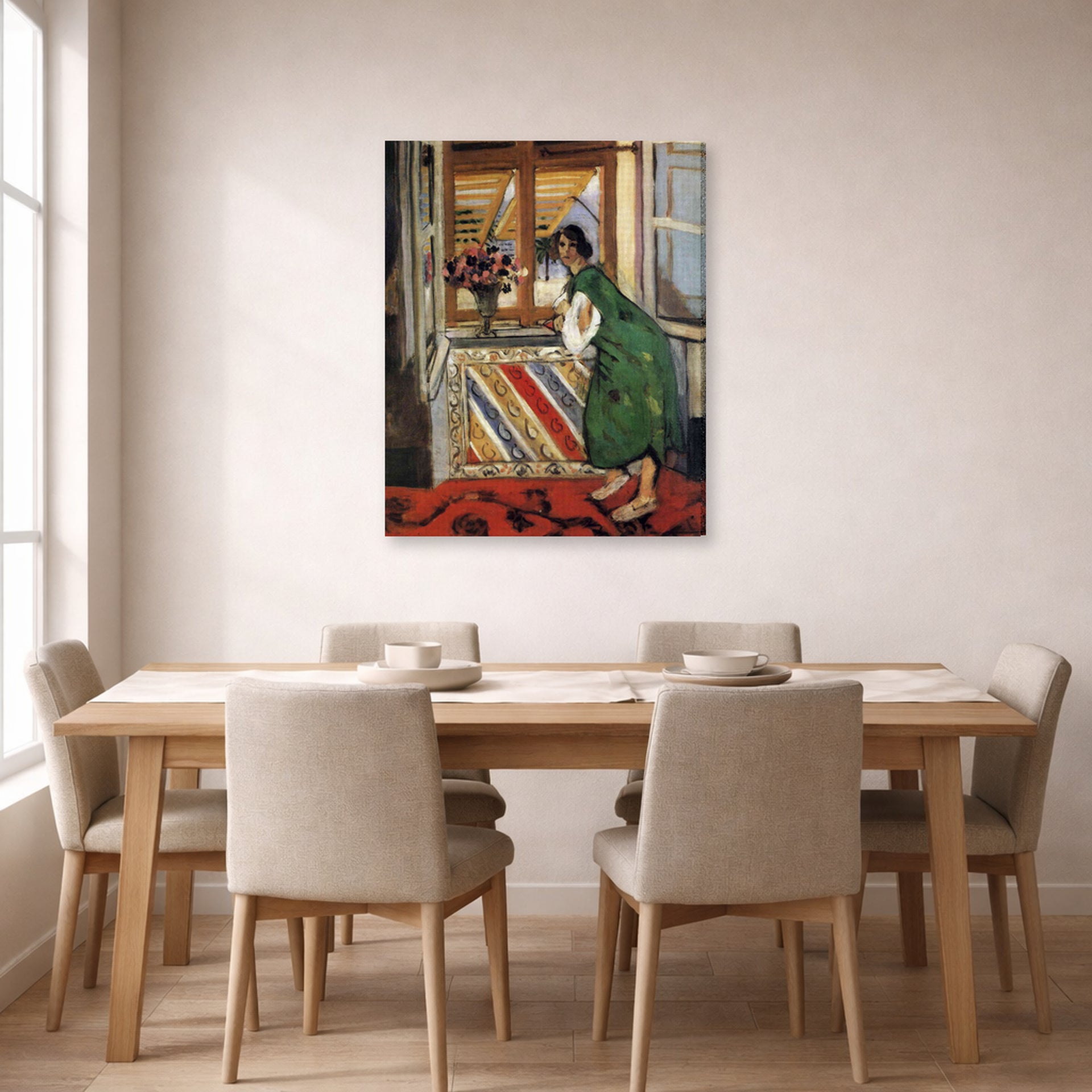 Gallery-wrapped canvas print of Henri Matisse's Young Girl in a Green Dress hanging on a dining room wall