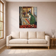 Gallery-wrapped canvas print of Henri Matisse's Young Girl in a Green Dress hanging in a living room, view 1