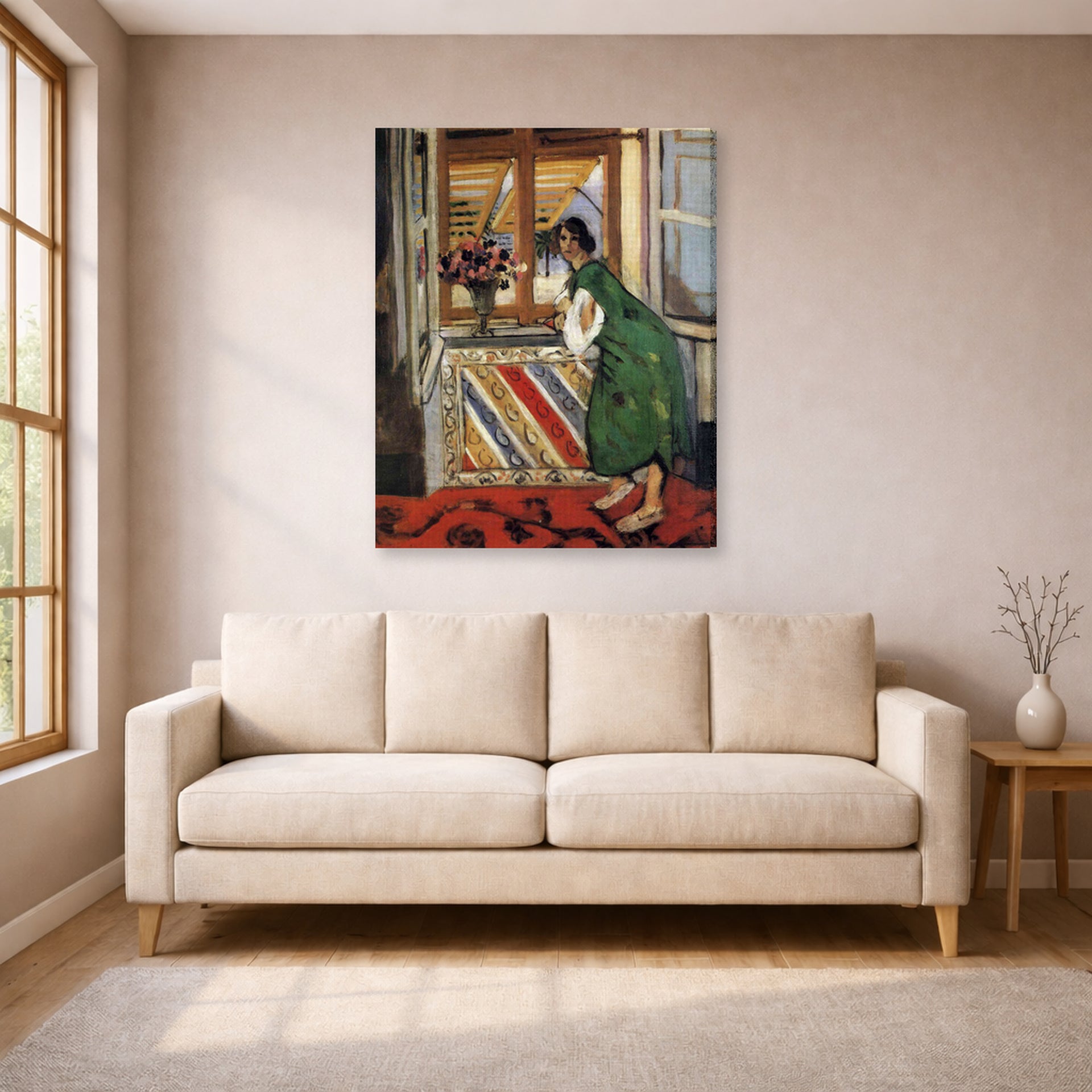 Gallery-wrapped canvas print of Henri Matisse's Young Girl in a Green Dress hanging in a living room, view 1