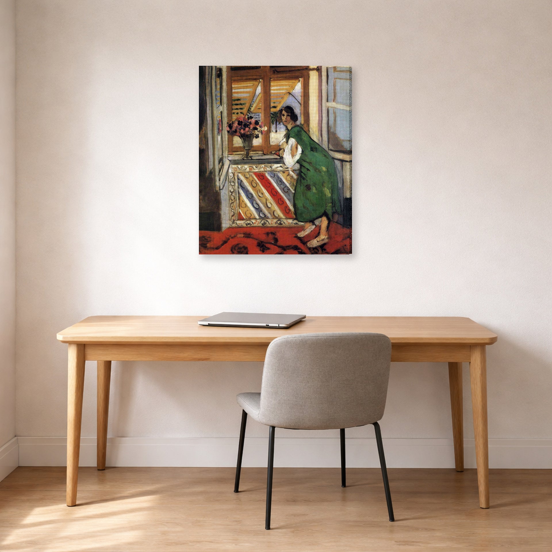 Gallery-wrapped canvas print of Henri Matisse's Young Girl in a Green Dress hanging in a home office