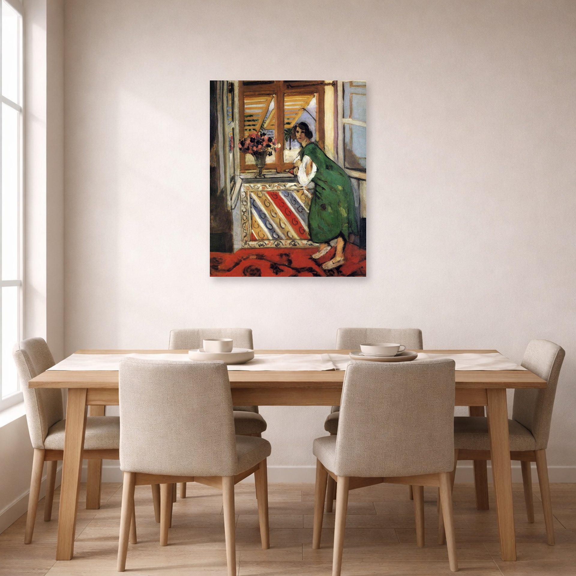Unframed poster print of Henri Matisse's Young Girl in a Green Dress displayed on a dining room wall