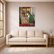 Unframed poster print of Henri Matisse's Young Girl in a Green Dress displayed in a living room, view 1