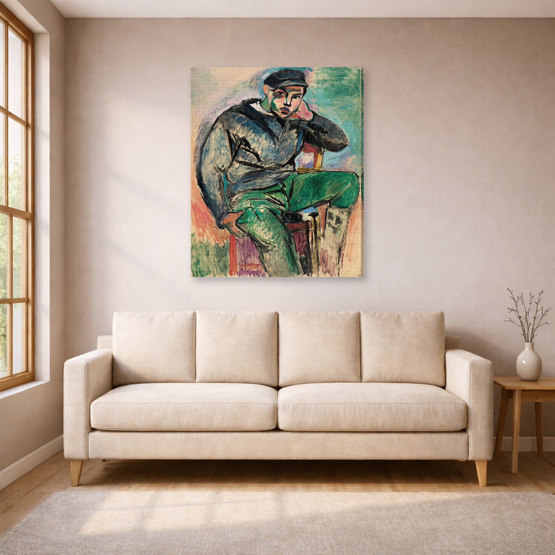 Gallery-wrapped canvas print of Henri Matisse's Young sailor hanging in a living room, view 1