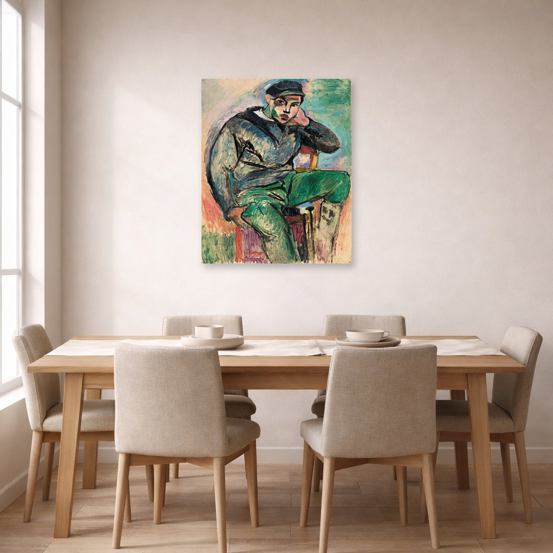 Unframed poster print of Henri Matisse's Young sailor displayed on a dining room wall