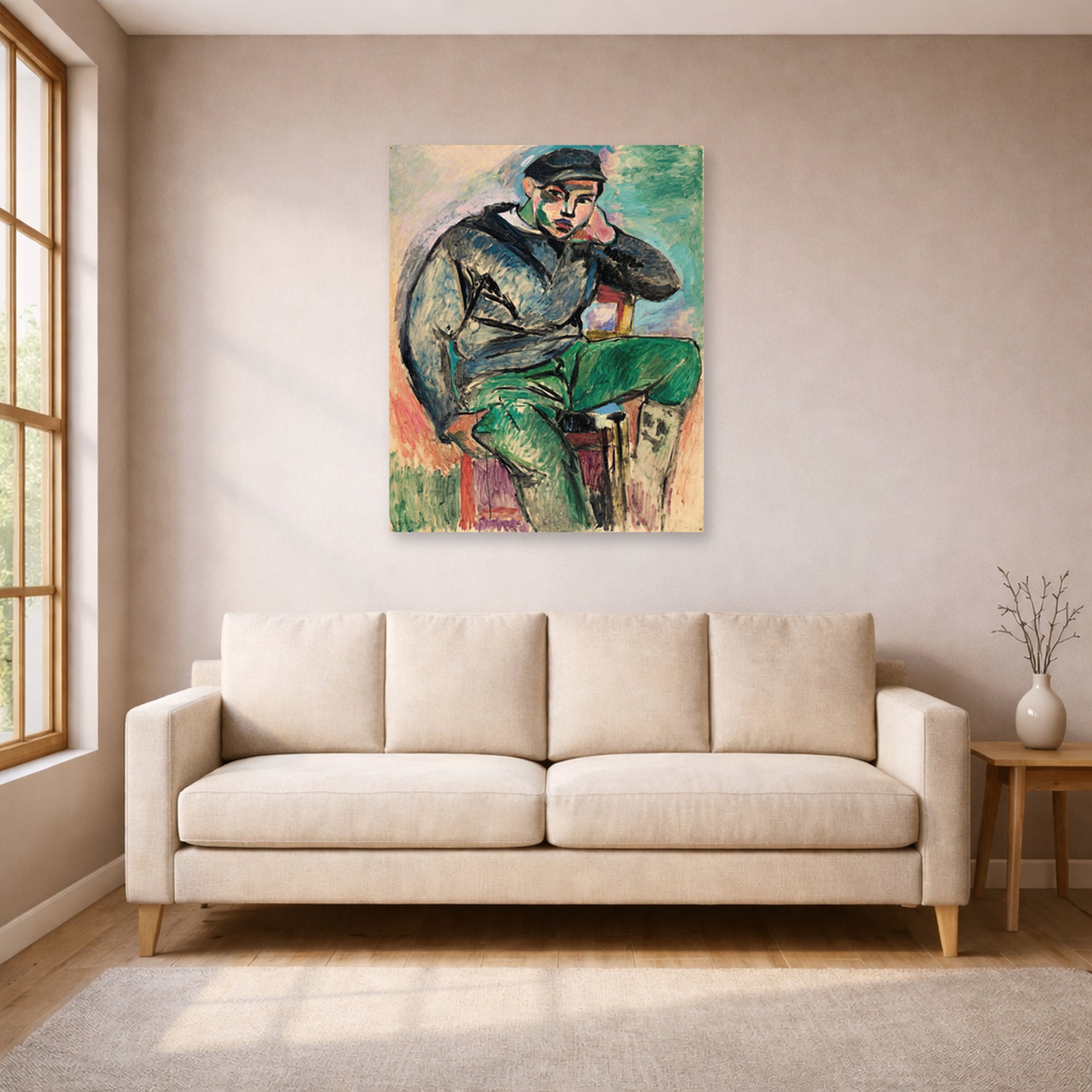 Unframed poster print of Henri Matisse's Young sailor displayed in a living room, view 1