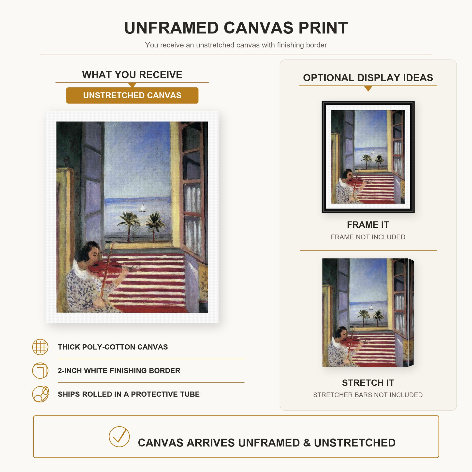 Henri Matisse - Young Woman Playing Violin canvas print size comparison and framing display infographic