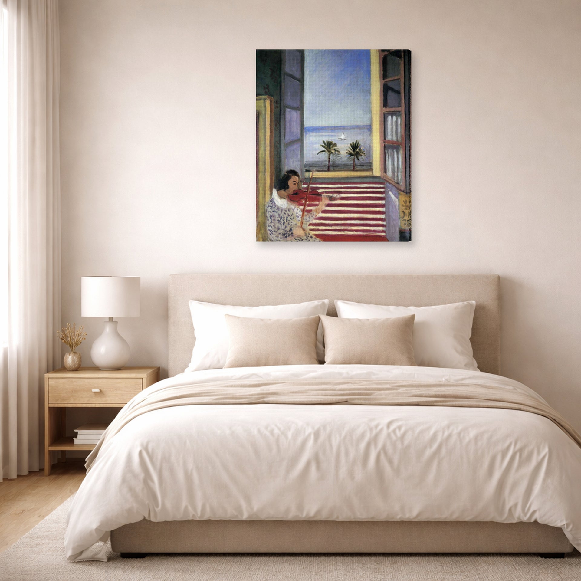 Gallery-wrapped canvas print of Henri Matisse's Young Woman Playing Violin hanging above a bed in a bedroom