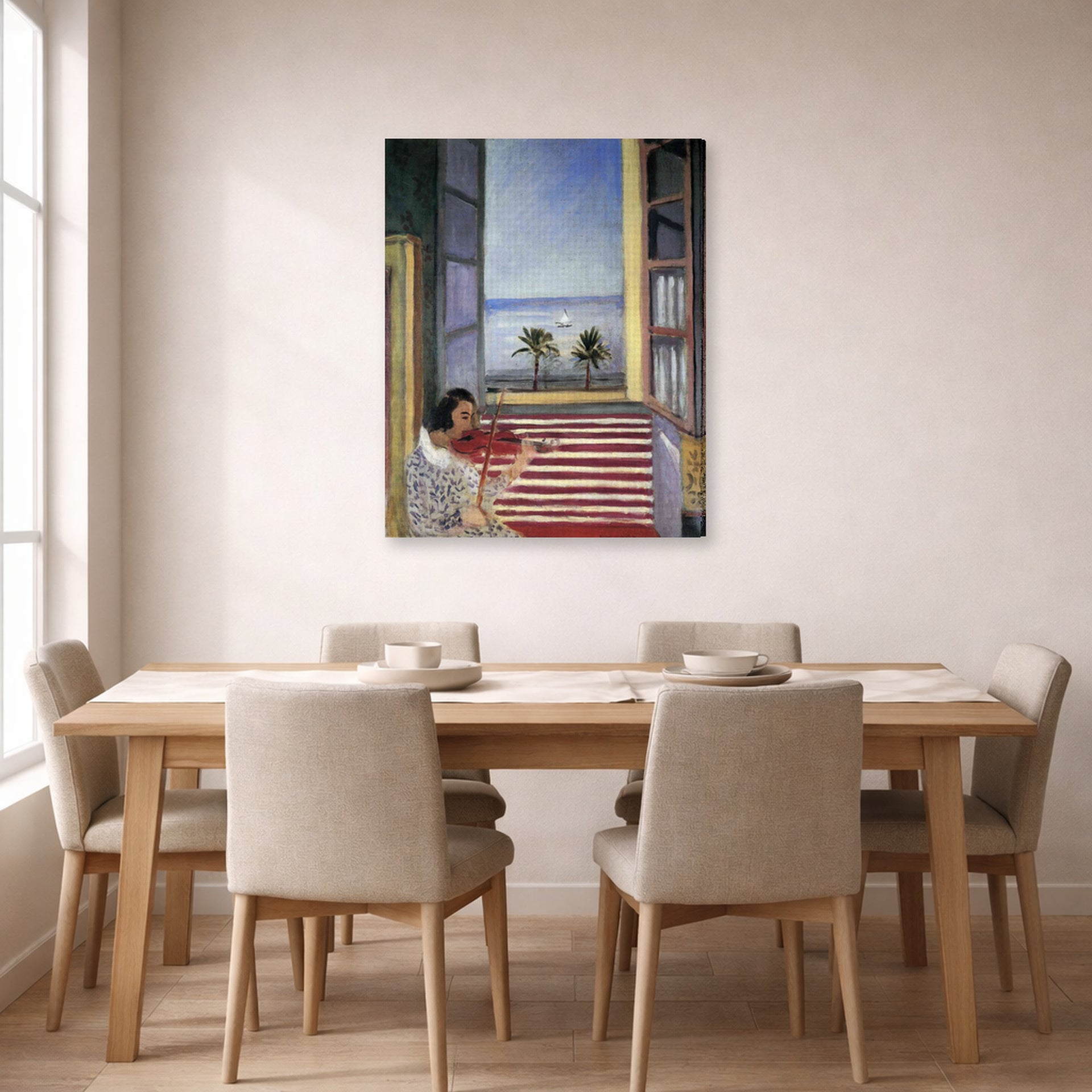 Gallery-wrapped canvas print of Henri Matisse's Young Woman Playing Violin hanging on a dining room wall