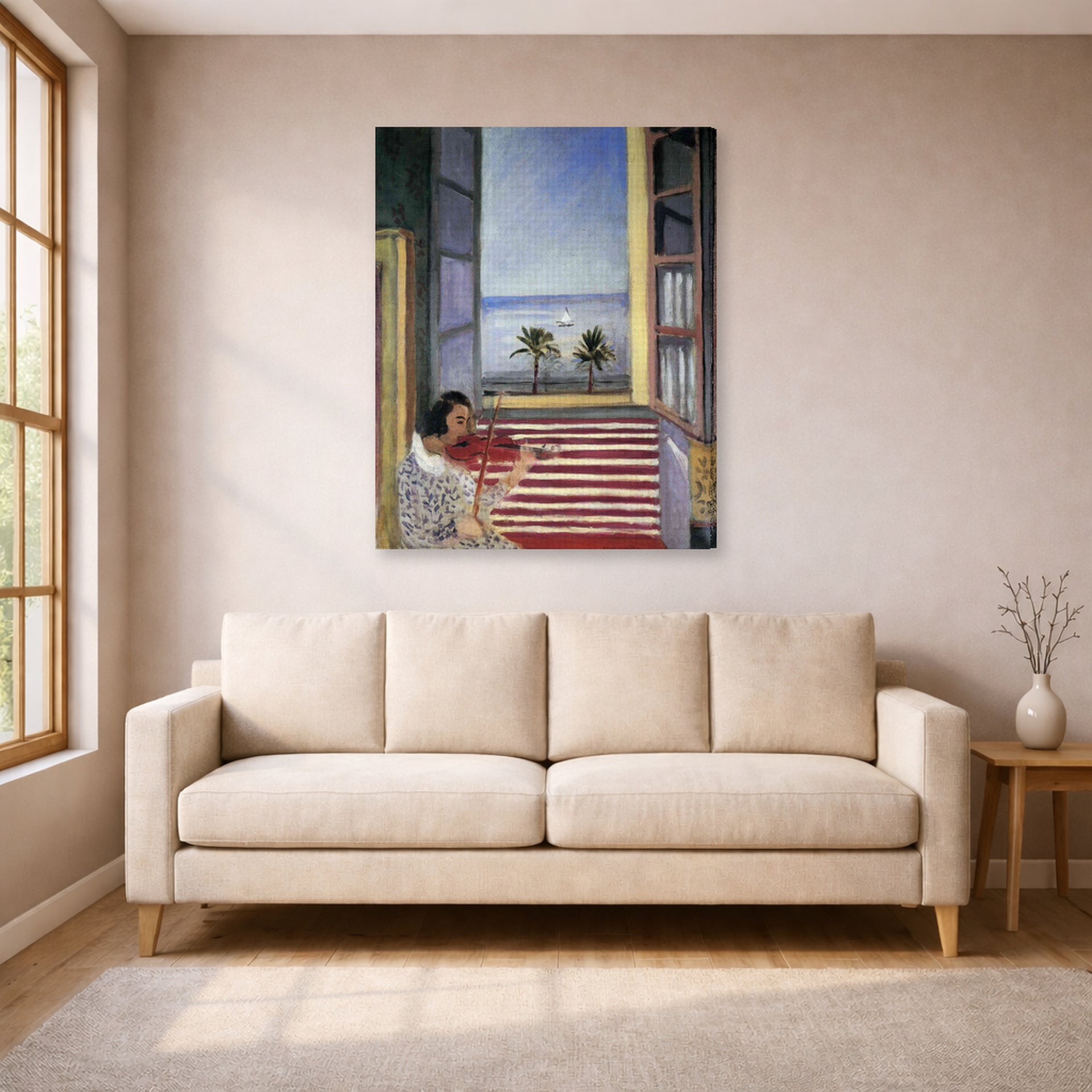 Gallery-wrapped canvas print of Henri Matisse's Young Woman Playing Violin hanging in a living room, view 1