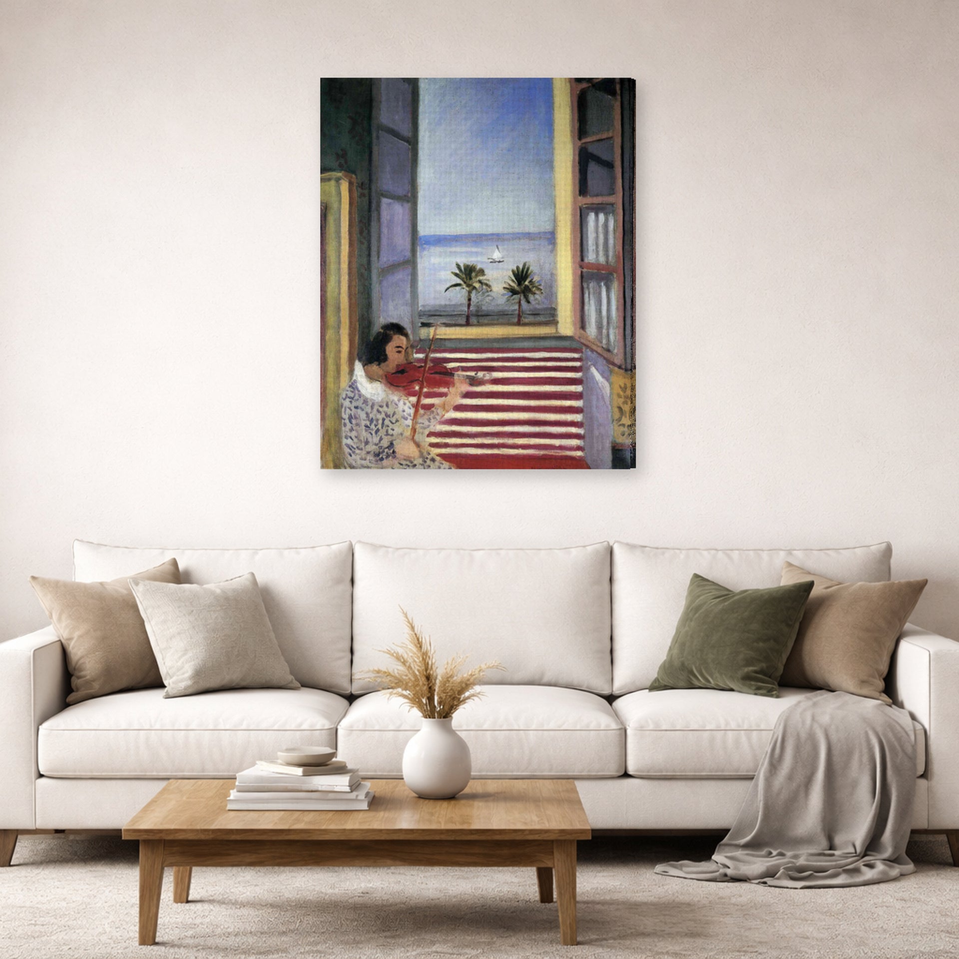 Gallery-wrapped canvas print of Henri Matisse's Young Woman Playing Violin hanging in a living room, view 2
