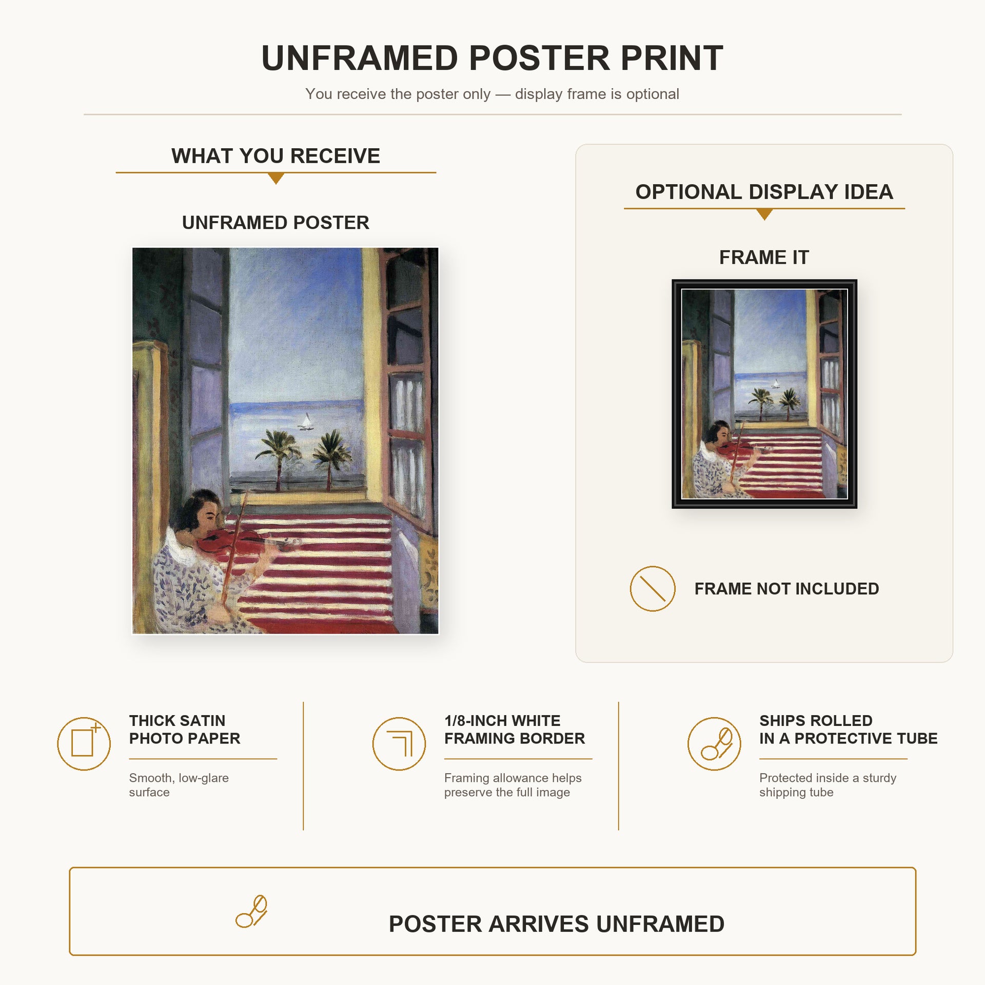Henri Matisse - Young Woman Playing Violin poster print size comparison display infographic