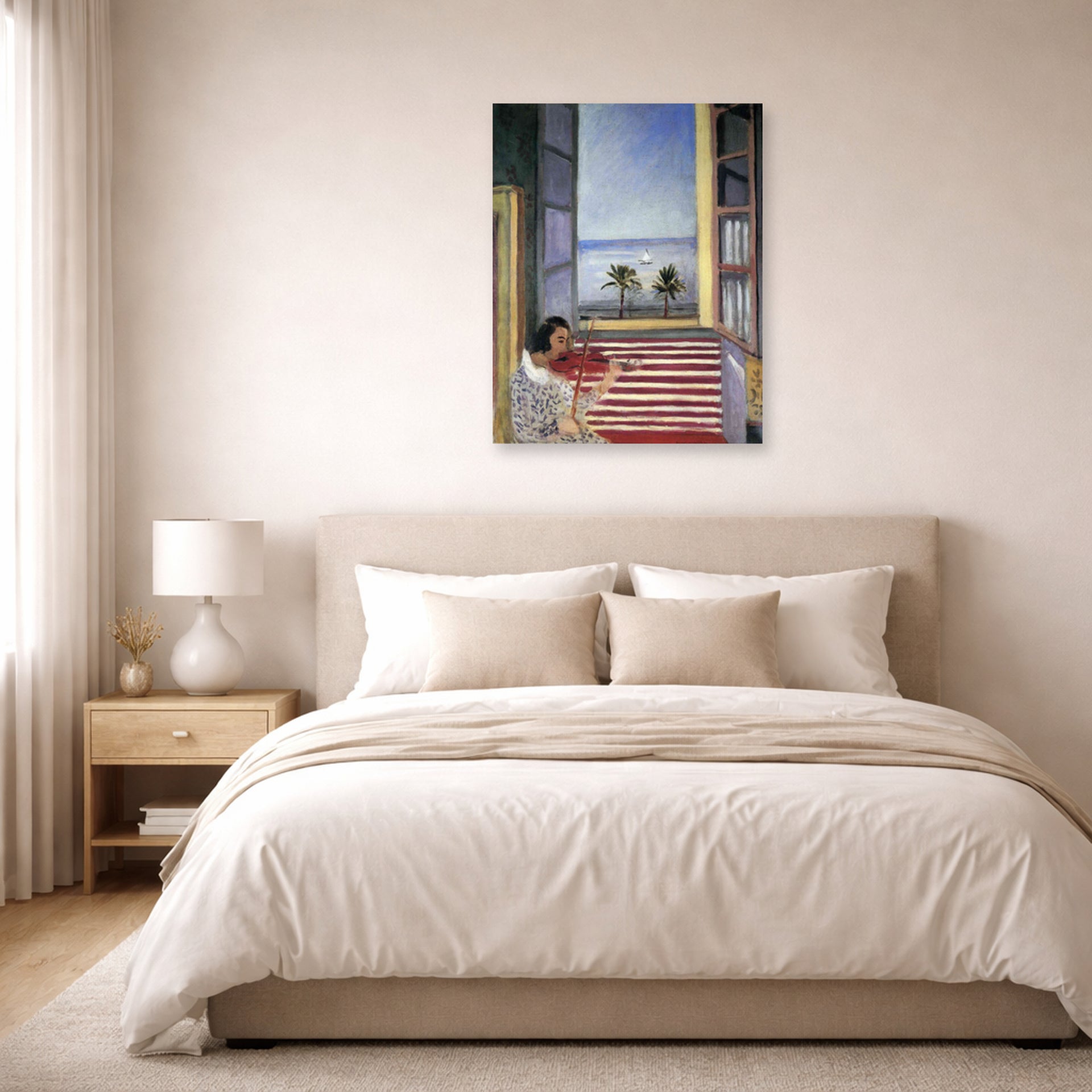 Unframed poster print of Henri Matisse's Young Woman Playing Violin displayed above a bed in a bedroom
