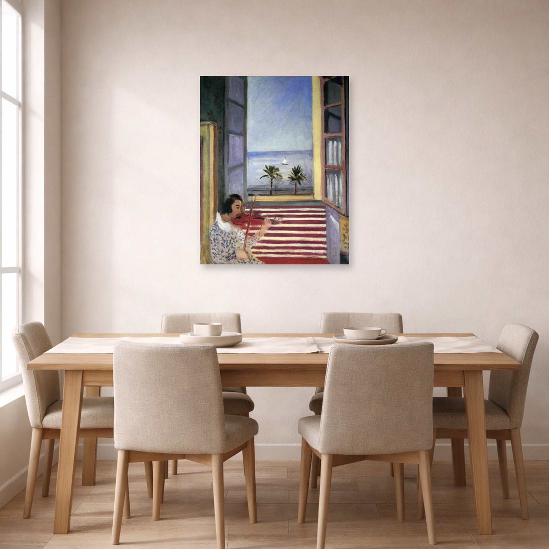 Unframed poster print of Henri Matisse's Young Woman Playing Violin displayed on a dining room wall